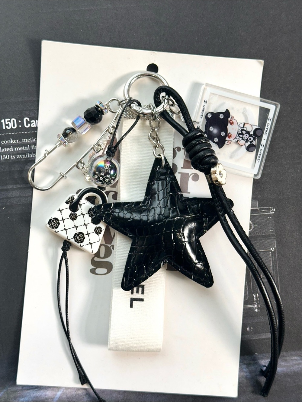Authentic CC Ribbon with Black Star Pin Bag Charm Keychain